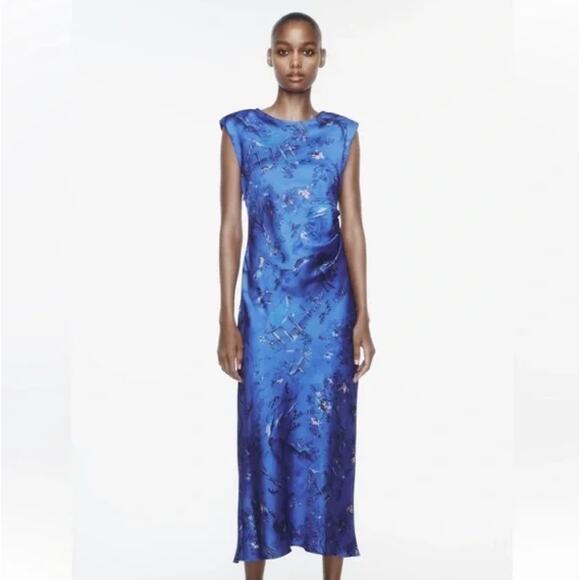 ZARA Oriental Printed Satin Midi Dress Ruched Shoulder Pads Keyhole Blue Small - Picture 2 of 12